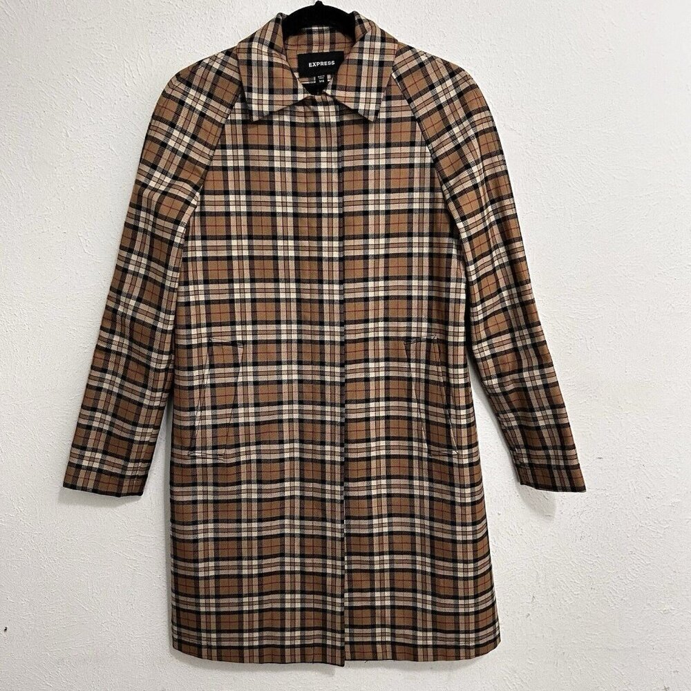 Express Women's Plaid Check Overcoat Size 3/4 Brown Tan Vintage Style Wool Blend